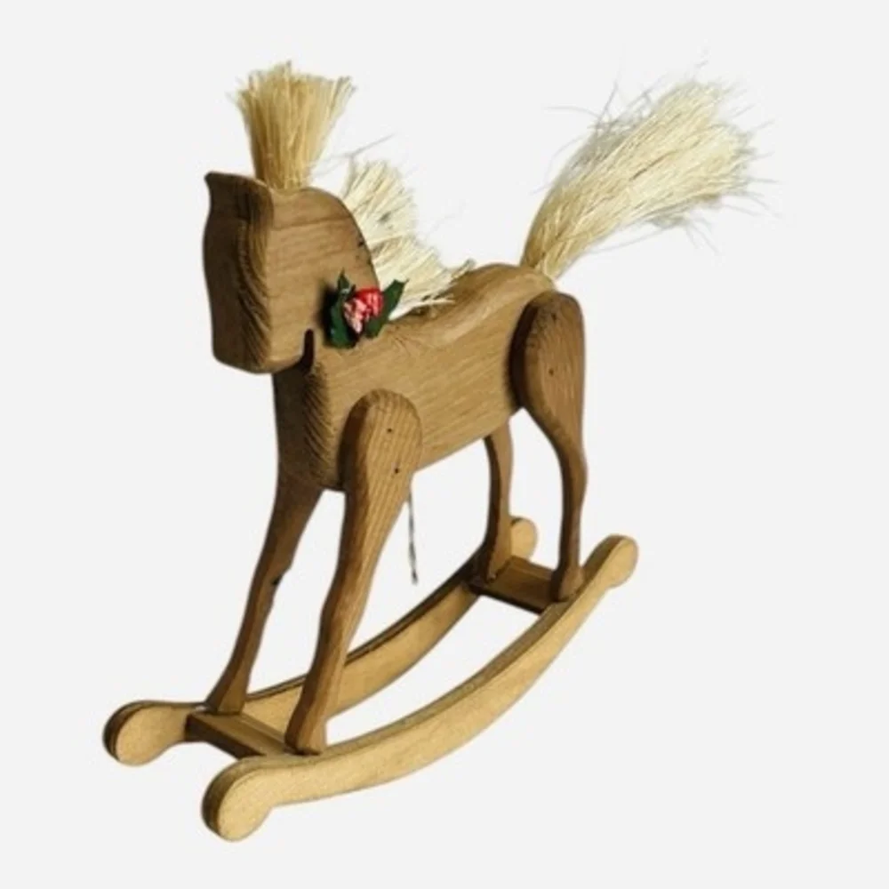 Vintage Wooden Rocking Horse Christmas Ornament Straw Mane Tail Holly Decor VG